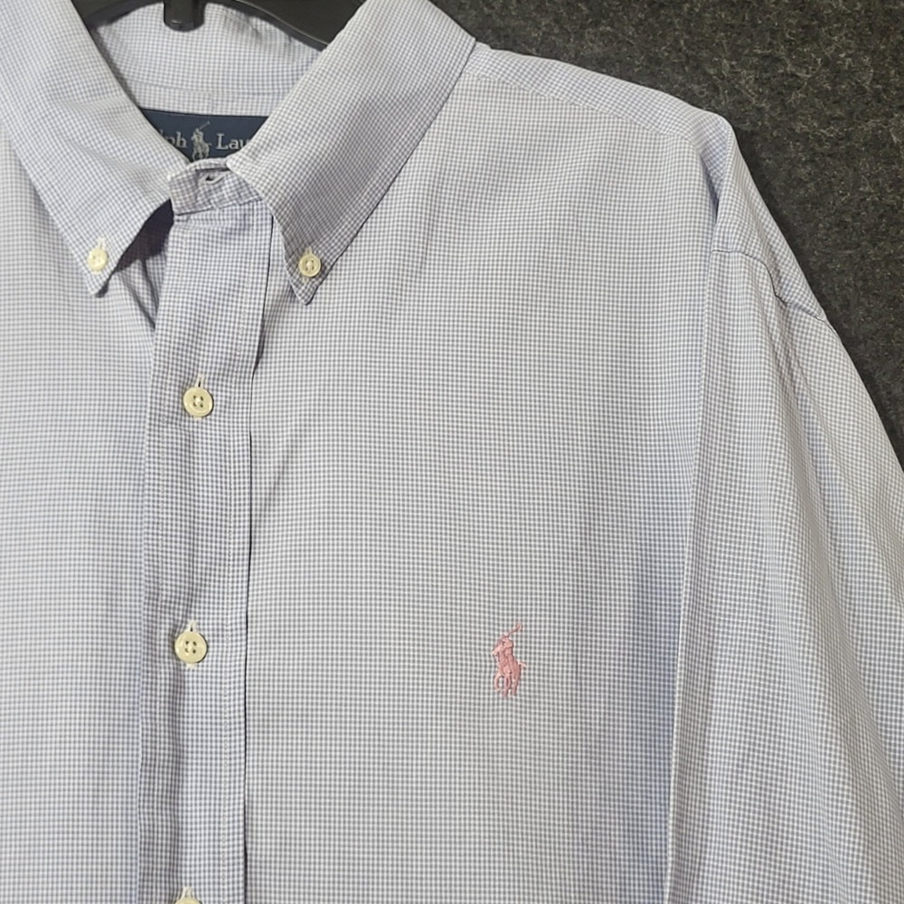 Polo Ralph Lauren Mens Blue Gingham Button Down Shirt Pink Pony Logo 17.5 34